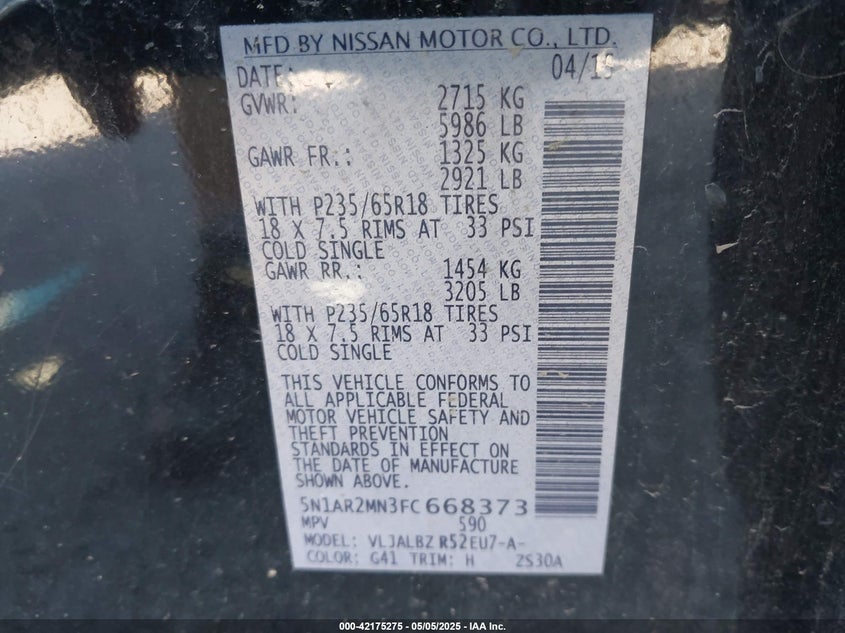 2015 NISSAN PATHFINDER VIN: 5N1AR2MN3FC668373