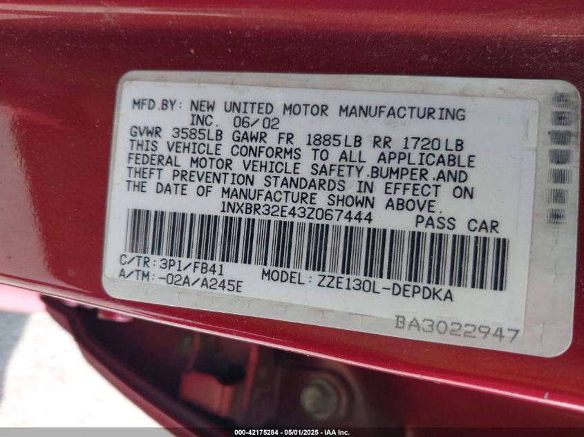 2003 Toyota Corolla Ce VIN: 1NXBR32E43Z067444 Lot: 42175284