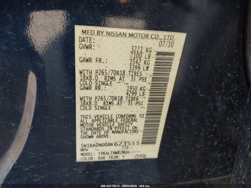 2010 NISSAN ARMADA VIN: 5N1BA0ND0AN623555