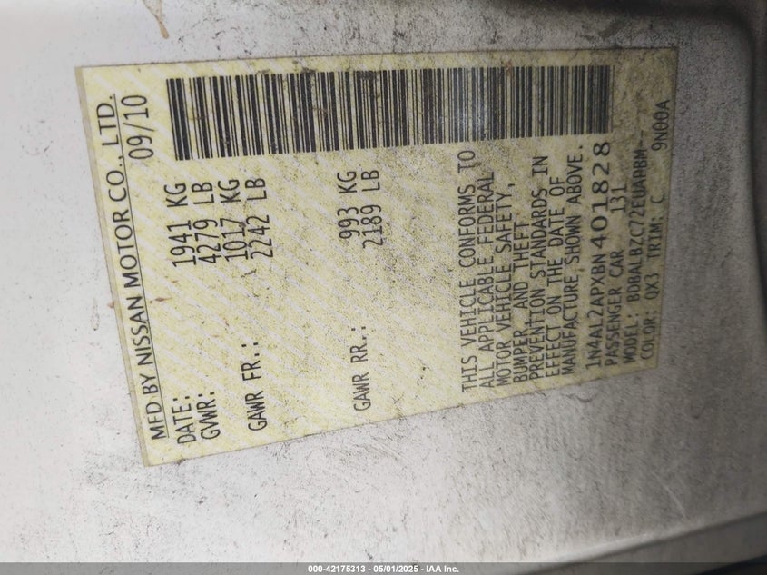 2011 Nissan Altima 2.5 S VIN: 1N4AL2APXBN401828 Lot: 42175313