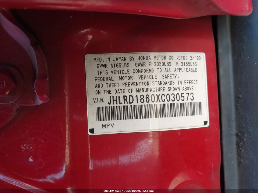 1999 Honda Cr-V Ex VIN: JHLRD1860XC030573 Lot: 42175367