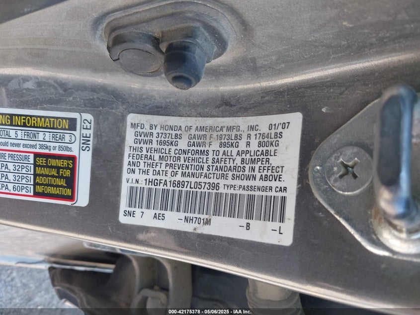 2007 HONDA CIVIC VIN: 1HGFA16897L057396