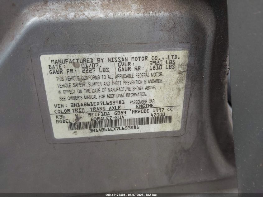 2007 Nissan Sentra 2.0S VIN: 3N1AB61EX7L653981 Lot: 42175404