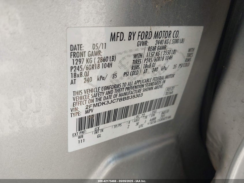 2011 FORD EDGE VIN: 2FMDK3JC7BBB35303