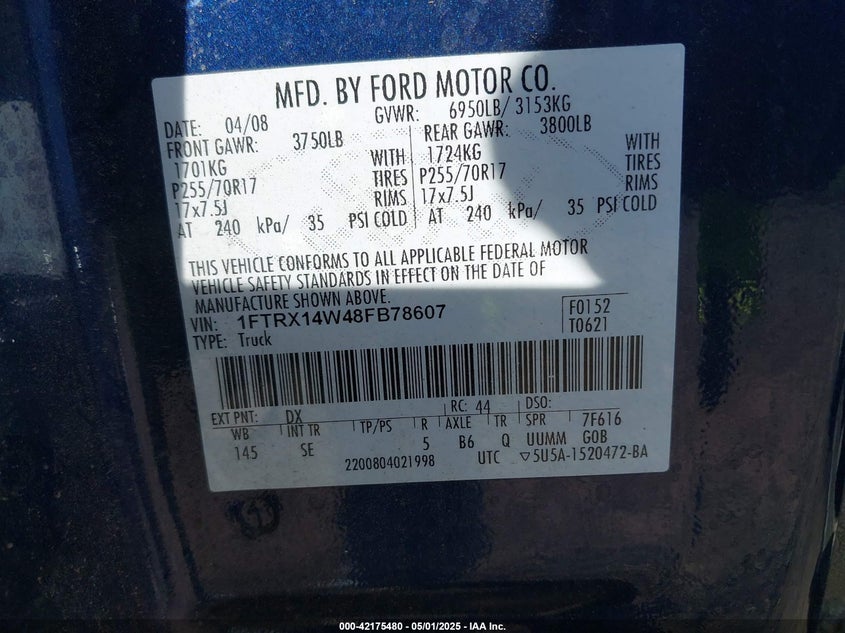 2008 FORD F-150 VIN: 1FTRX14W48FB78607