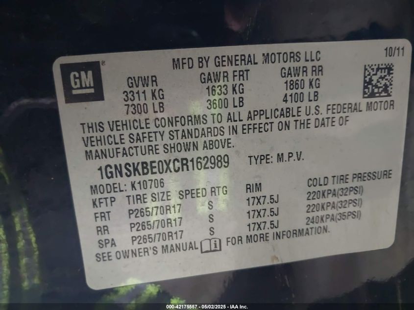 2012 Chevrolet Tahoe Lt VIN: 1GNSKBE0XCR162989 Lot: 42175557