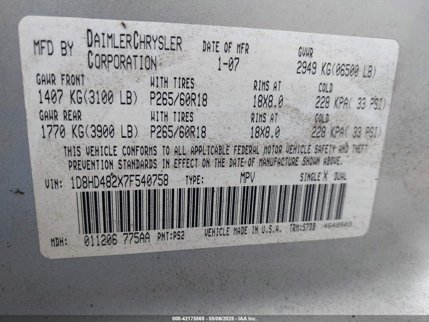 2007 DODGE DURANGO VIN: 1D8HD482X7F540758