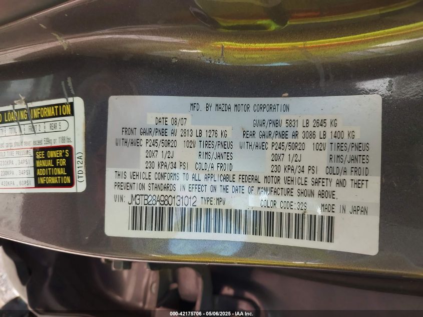 2008 Mazda Cx-9 Grand Touring VIN: JM3TB28A980131012 Lot: 42175706