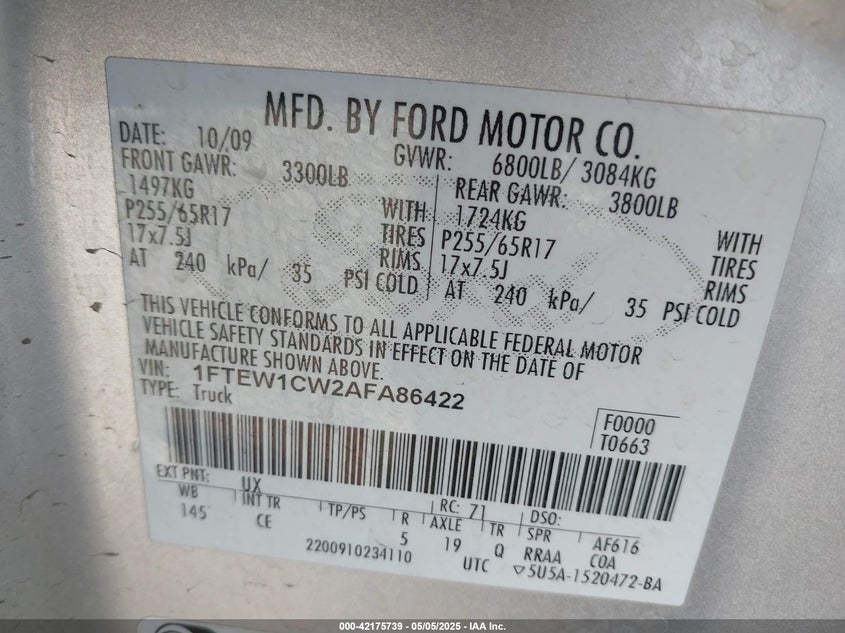 2010 FORD F-150 VIN: 1FTEW1CW2AFA86422