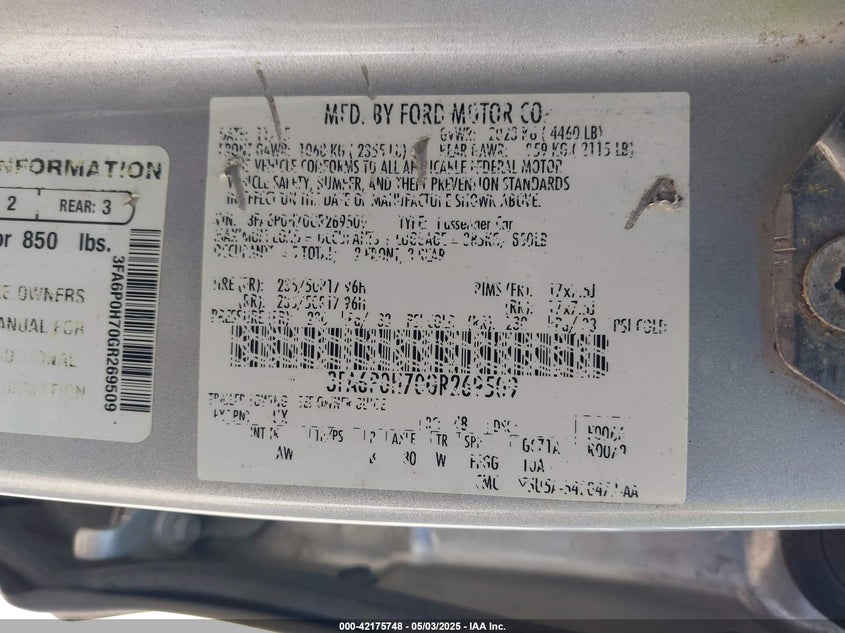 2016 FORD FUSION VIN: 3FA6P0H70GR269509