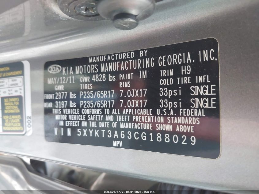 2012 Kia Sorento Lx VIN: 5XYKT3A63CG188029 Lot: 42175772