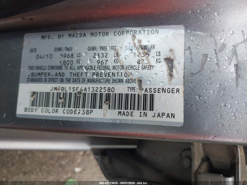 2010 MAZDA MAZDA3 VIN: JM1BL1SF4A1322580