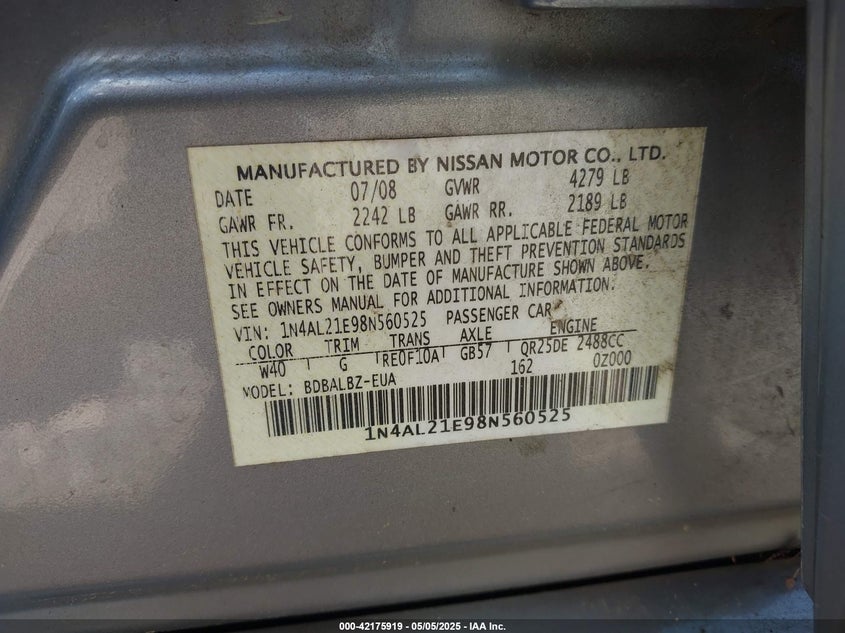 2008 NISSAN ALTIMA VIN: 1N4AL21E98N560525