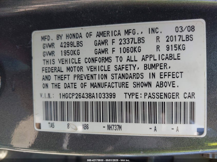2008 HONDA ACCORD VIN: 1HGCP26438A103399