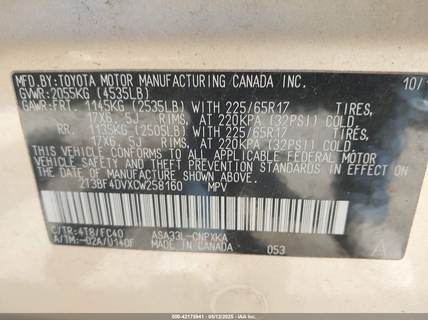 2012 TOYOTA RAV4 VIN: 2T3BF4DVXCW258160