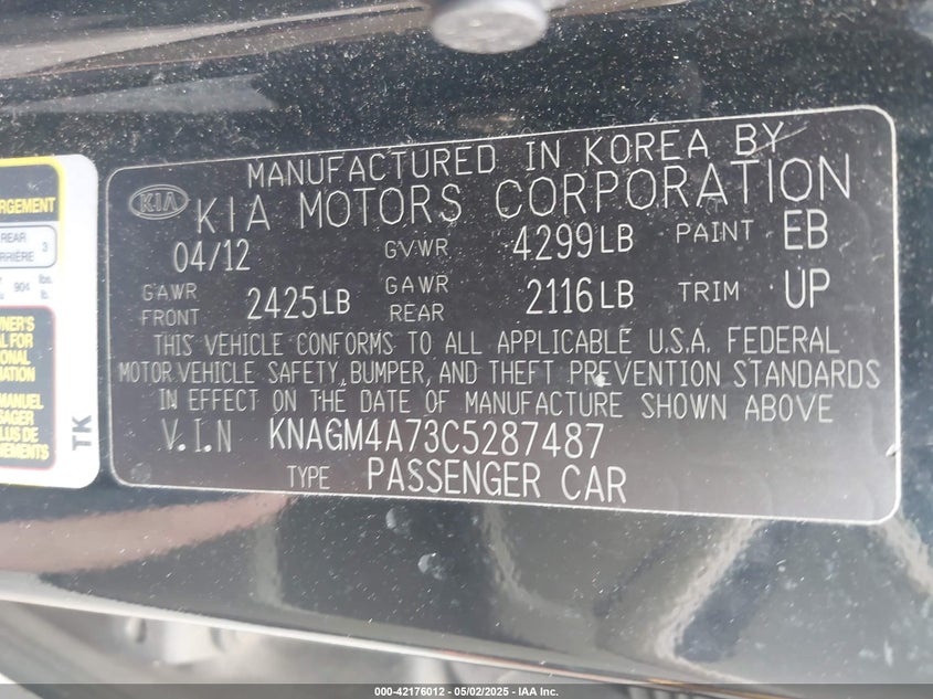 2012 KIA OPTIMA VIN: KNAGM4A73C5287487