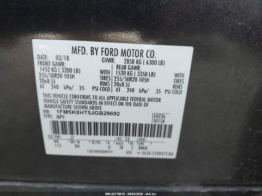 2018 Ford Explorer Platinum VIN: 1FM5K8HT5JGB29692 Lot: 42176015