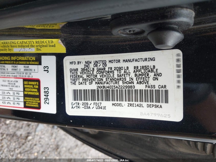 2010 TOYOTA COROLLA VIN: 1NXBU4EE5AZ229983