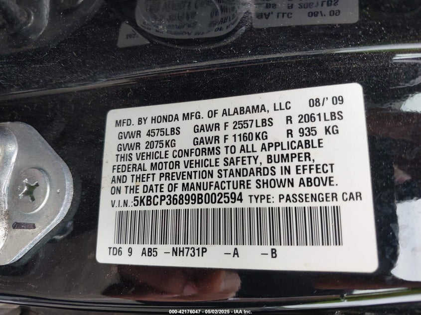 2009 HONDA ACCORD VIN: 5KBCP36899B002594
