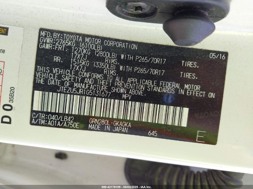 2016 Toyota 4Runner Sr5 Premium VIN: JTEZU5JR1G5131677 Lot: 42176109