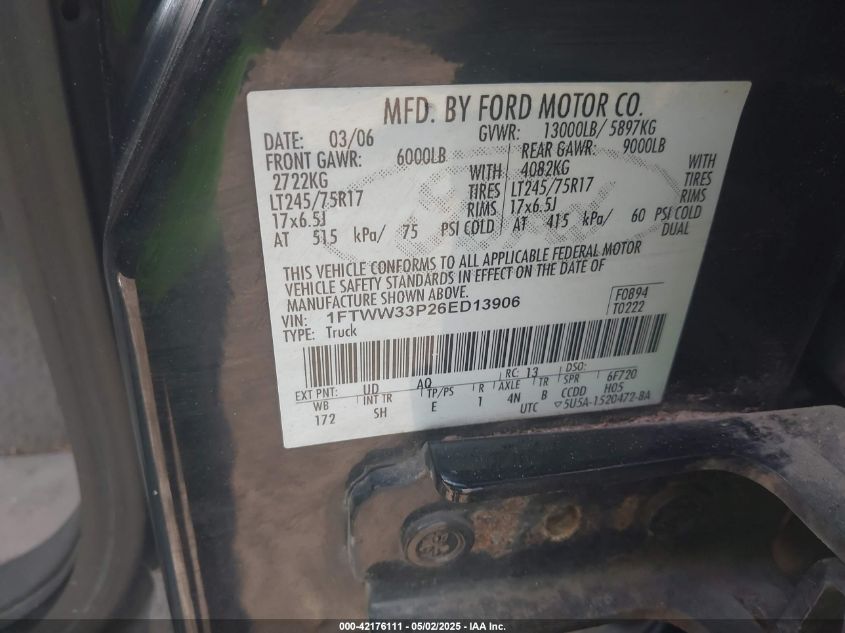 2006 Ford F-350 Lariat/Xl/Xlt VIN: 1FTWW33P26ED13906 Lot: 42176111