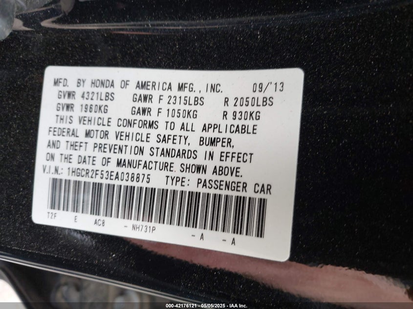 2014 HONDA ACCORD VIN: 1HGCR2F53EA038875