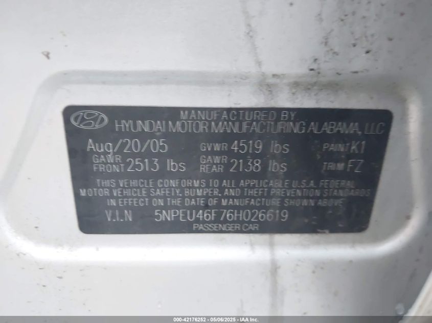 2006 Hyundai Sonata Gls V6/Lx V6 VIN: 5NPEU46F76H026619 Lot: 43913033