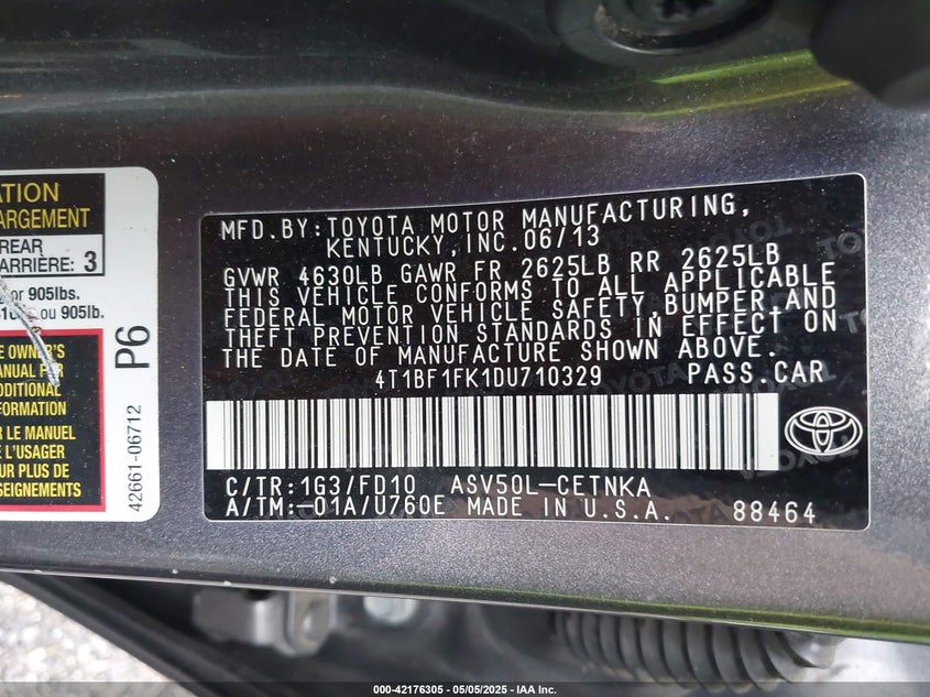 2013 TOYOTA CAMRY VIN: 4T1BF1FK1DU710329