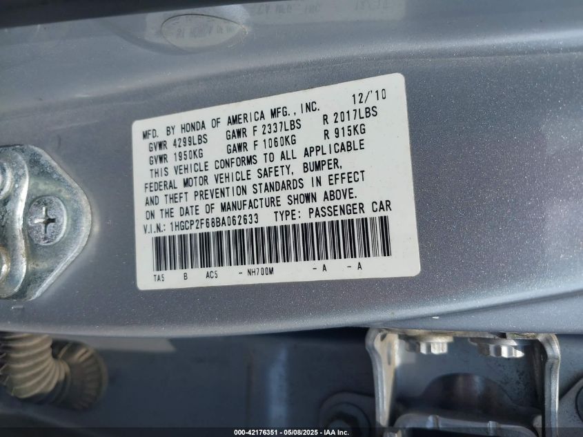 2011 Honda Accord 2.4 Se VIN: 1HGCP2F68BA062633 Lot: 42176351