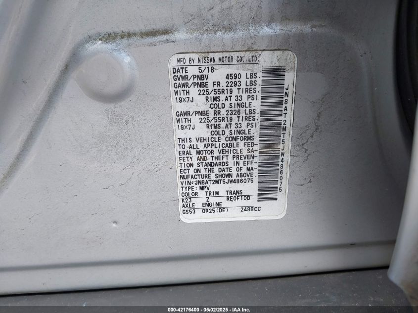 2018 Nissan Rogue Sl VIN: JN8AT2MT5JW486075 Lot: 42176400