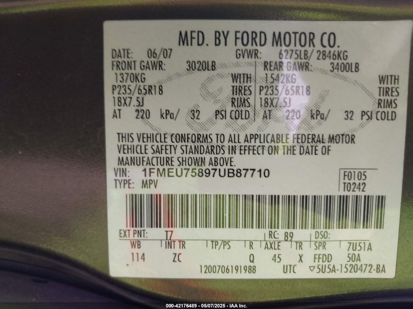 2007 Ford Explorer Limited VIN: 1FMEU75897UBB7710 Lot: 42176489