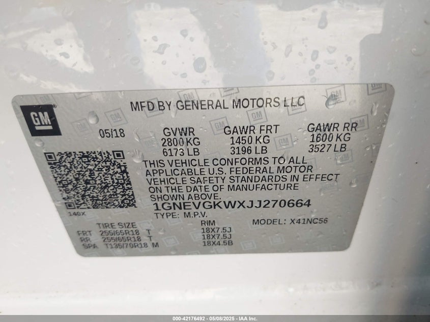 2018 CHEVROLET TRAVERSE VIN: 1GNEVGKWXJJ270664
