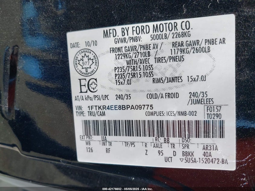 2011 FORD RANGER VIN: 1FTKR4EE8BPA09775