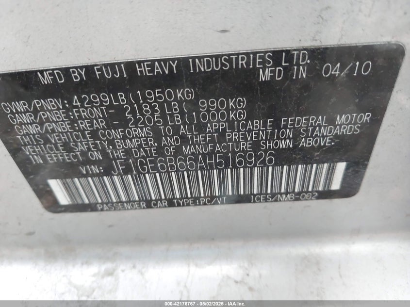 2010 SUBARU IMPREZA VIN: JF1GE6B66AH516926