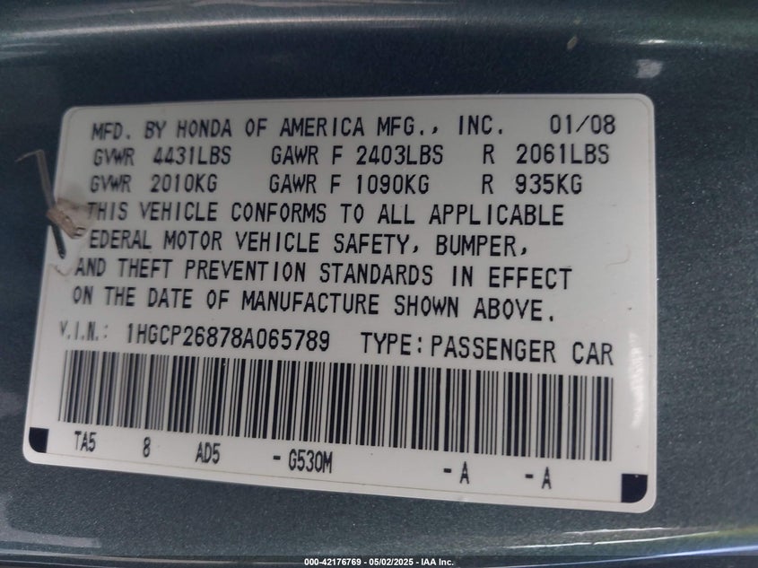 2008 HONDA ACCORD VIN: 1HGCP26878A065789