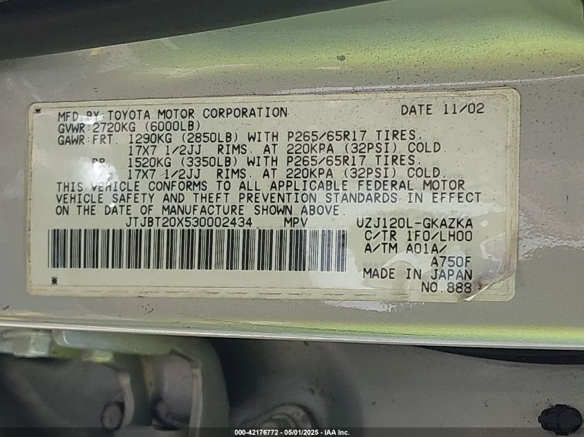 2003 Lexus Gx 470 VIN: JTJBT20X530002434 Lot: 42176772