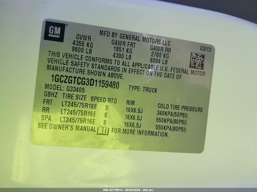 2013 CHEVROLET EXPRESS VIN: 1GCZGTCG3D1159480