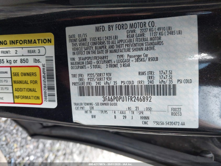 2015 FORD FUSION ENERGI VIN: 3FA6P0PU1FR246892
