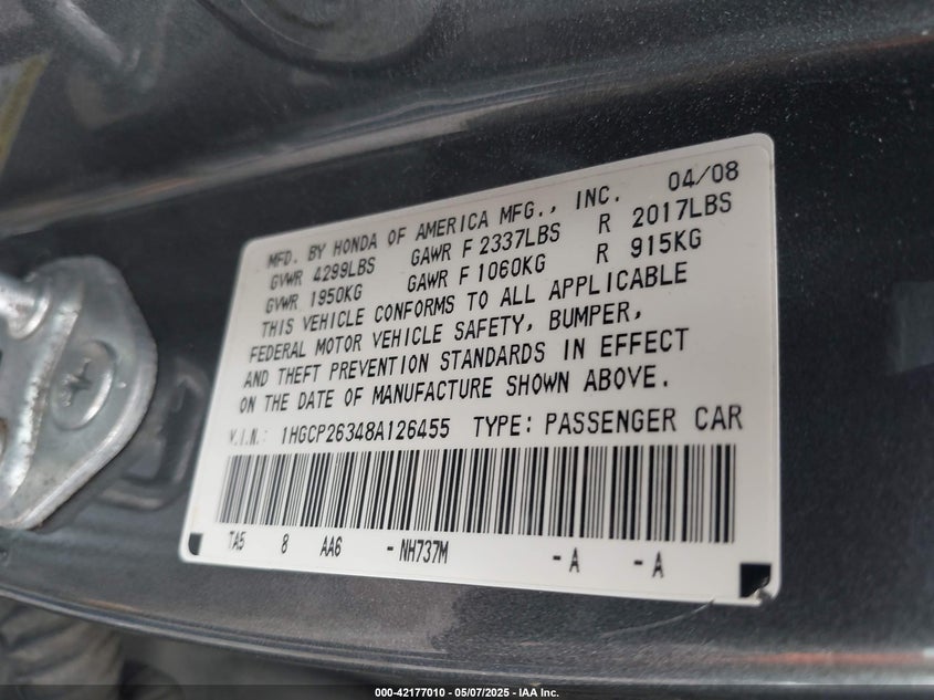 2008 HONDA ACCORD VIN: 1HGCP26348A126455