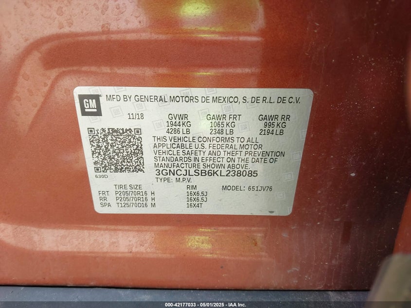 VIN 3GNCJLSB6KL238085 2019 CHEVROLET TRAX LT