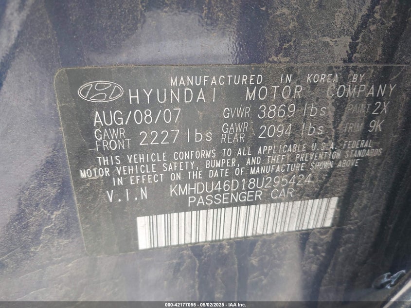 2008 HYUNDAI ELANTRA VIN: KMHDU46D18U295424