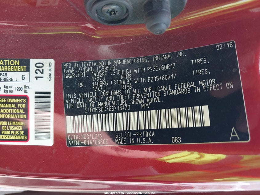 2016 Toyota Sienna Xle 8 Passenger VIN: 5TDYK3DC7GS716470 Lot: 42177176