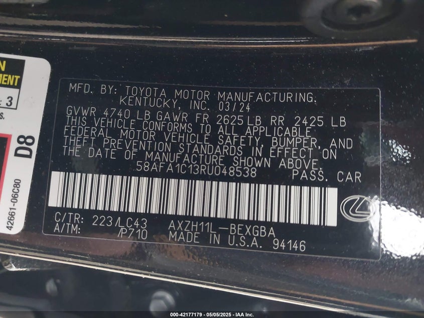 2024 LEXUS ES 300H VIN: 58AFA1C13RU048538