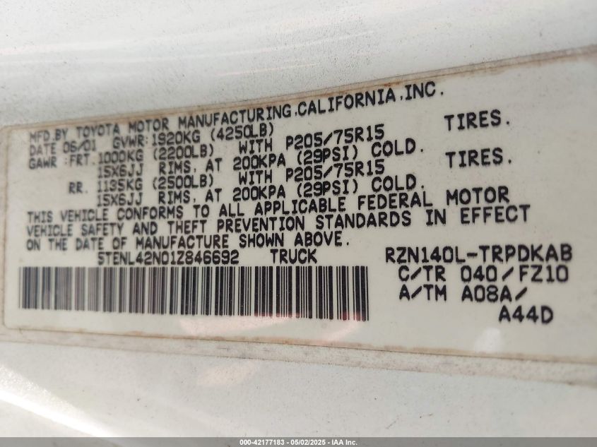 2001 Toyota Tacoma VIN: 5TENL42N01Z846692 Lot: 42177183