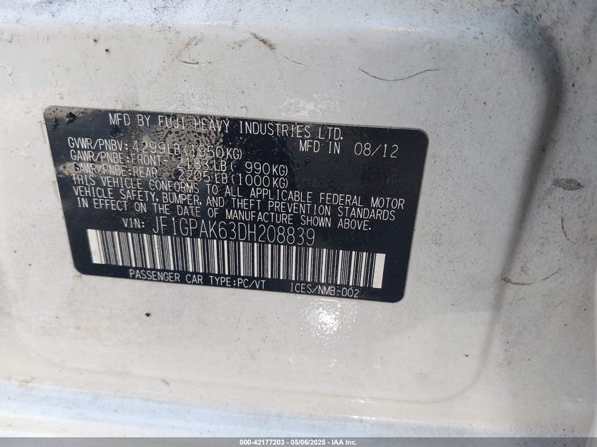 2013 SUBARU IMPREZA VIN: JF1GPAK63DH208839