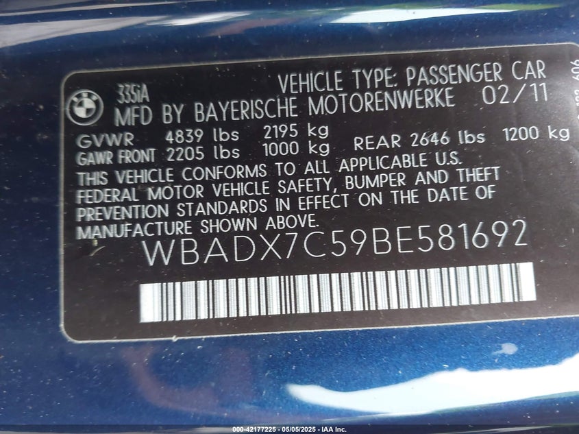 2011 BMW 335 VIN: WBADX7C59BE581692