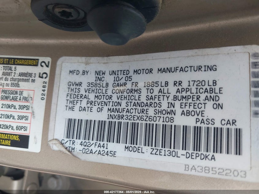 2006 TOYOTA COROLLA VIN: 1NXBR32EX6Z607108
