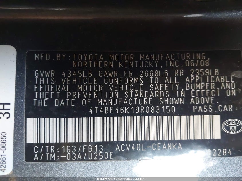 2009 TOYOTA CAMRY VIN: 4T4BE46K19R083150