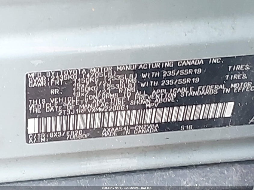 VIN 2T3J1RFVXMW220661 2021 TOYOTA RAV4 ADVENTURE