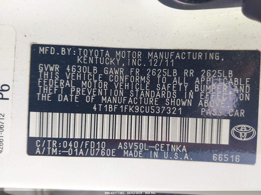 2012 TOYOTA CAMRY VIN: 4T1BF1FK9CU537321